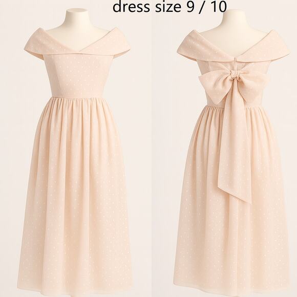 Vintage Cachet Bari Protas Blush Swiss Dot Off-Shoulder Dress Oversized Bow 9 10 - Picture 1 of 12